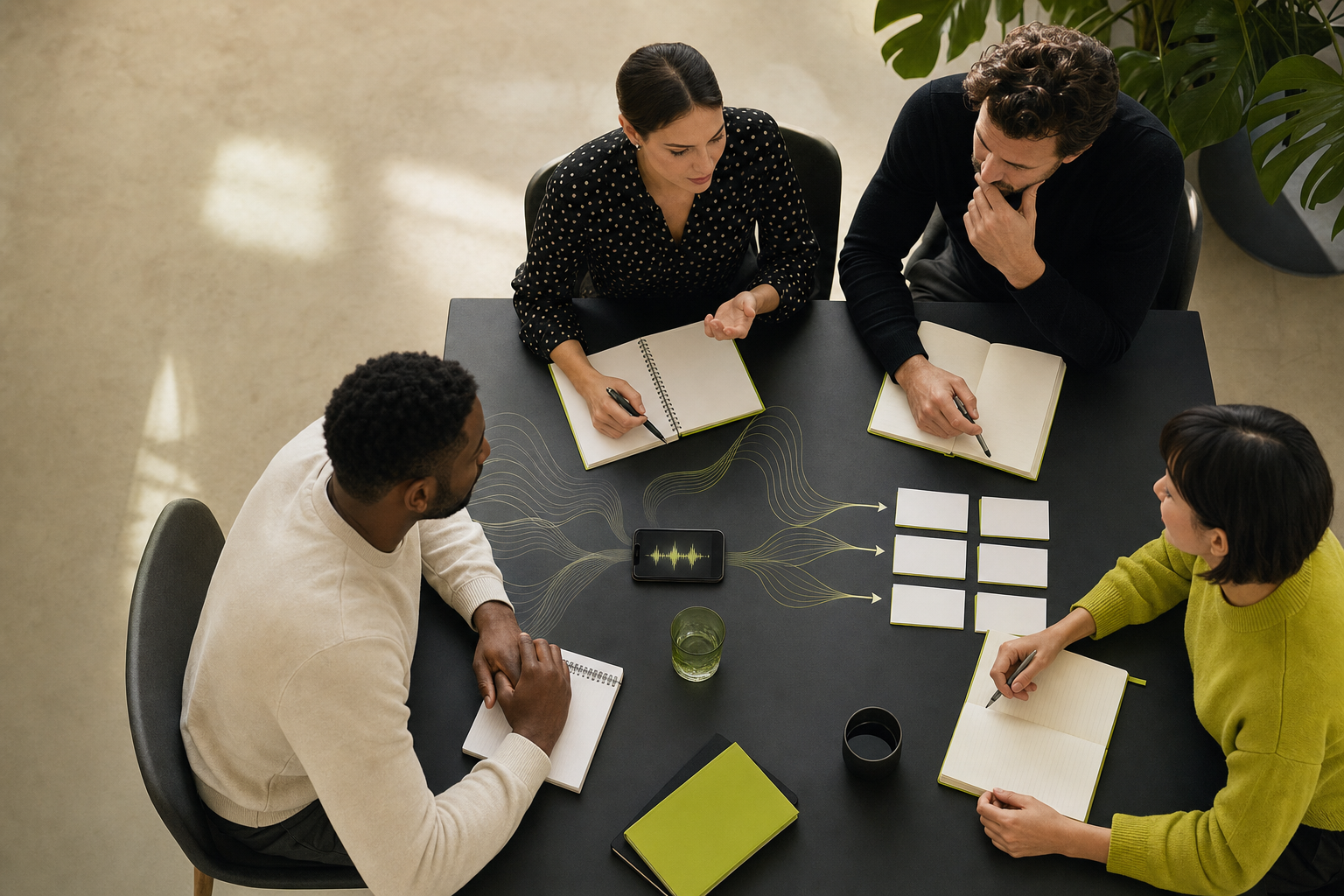 Four colleagues using a phone to capture and organize an in-person meeting