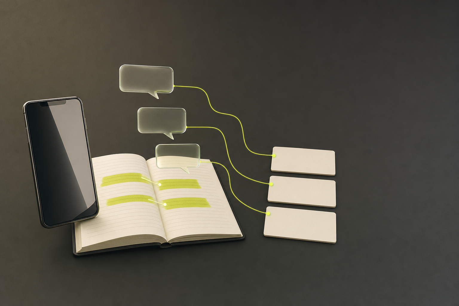 A phone and open notebook connected to blank question and answer cards
