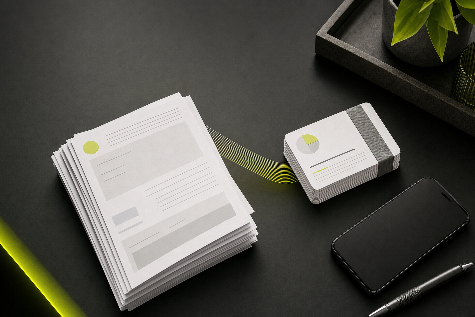 A stack of document pages being condensed into organized study cards