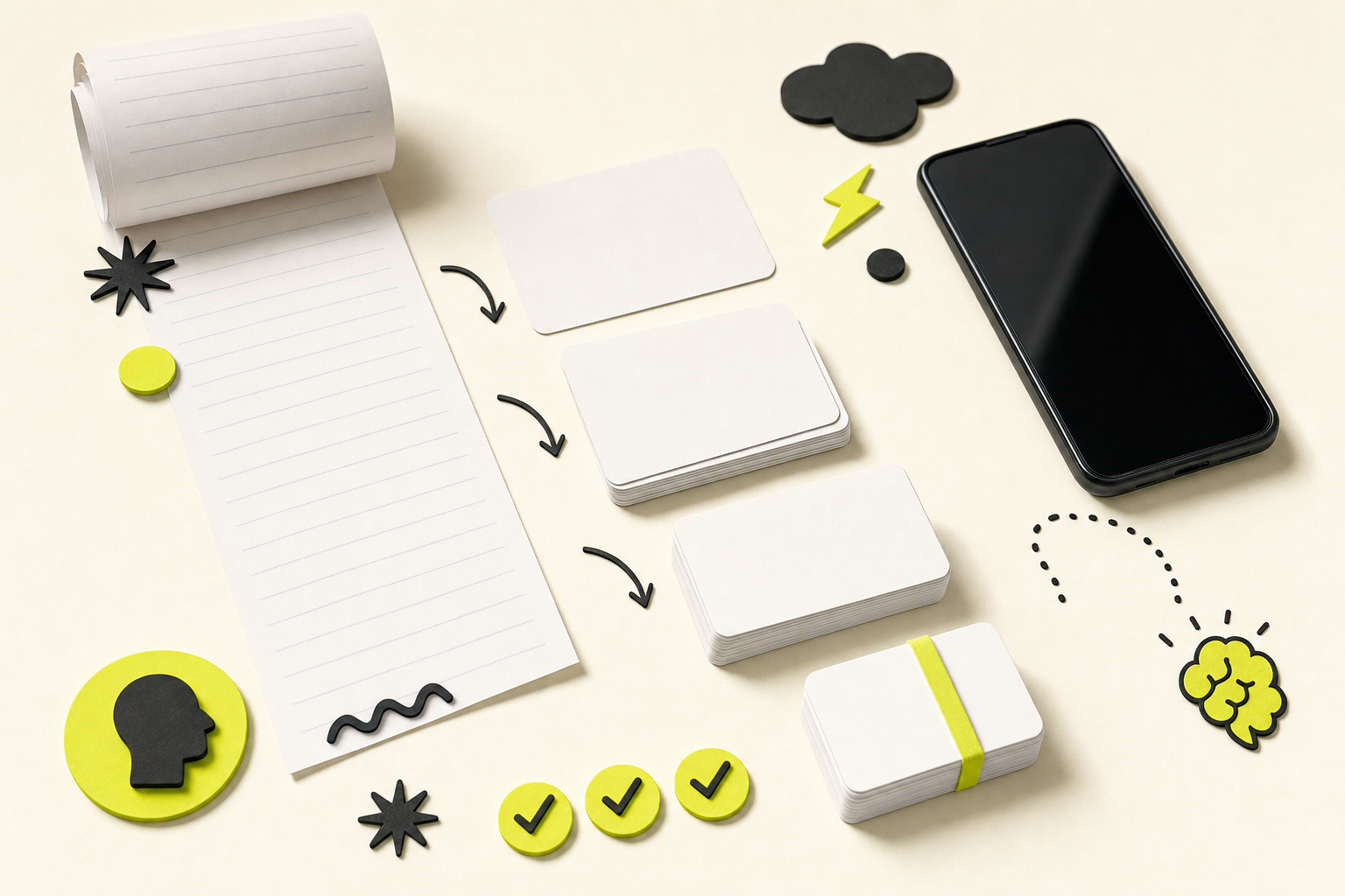 A long page of notes being transformed into small flashcard decks