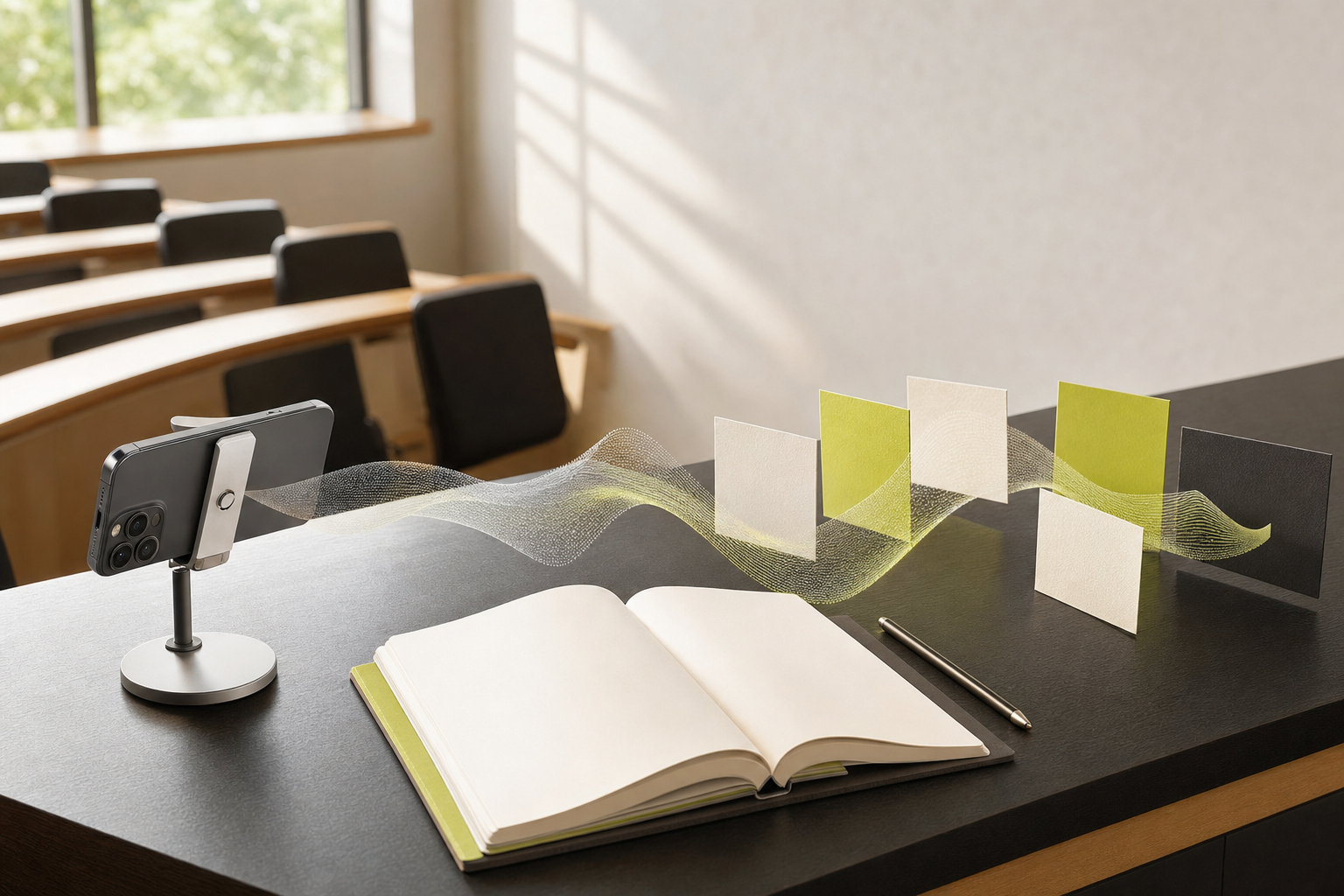 A phone recording a lecture beside a notebook and organized note cards