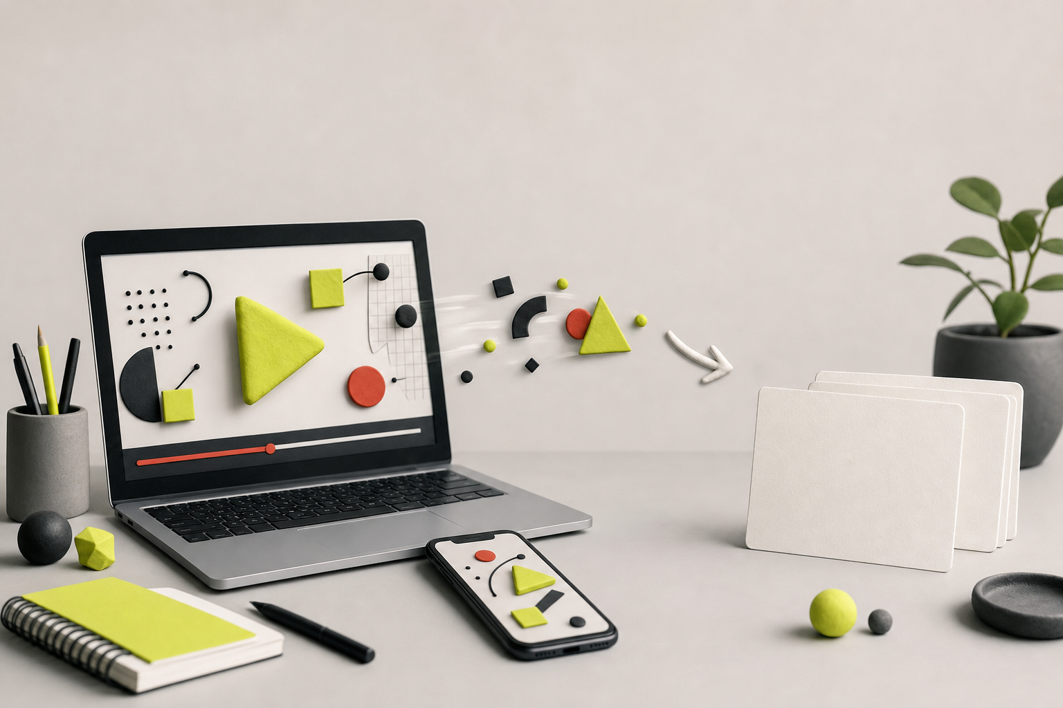 An educational video flowing from a laptop into organized study cards